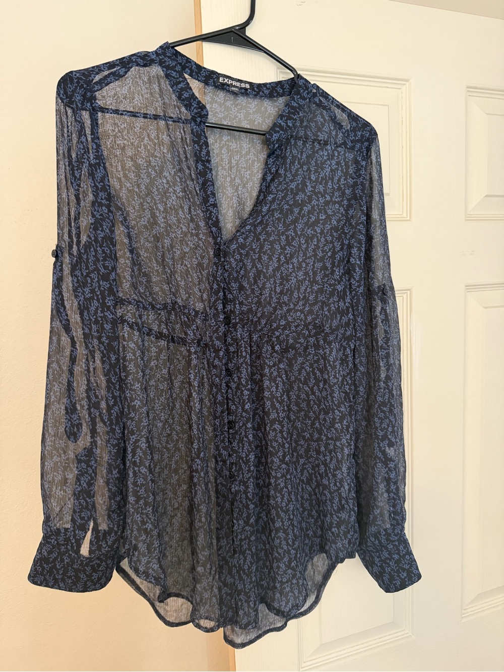 Express Navy Sheer Floral Button-Up Blouse